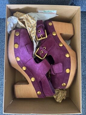 Charlotte Stone Purple Suede Platform Clog Sandals with Gold Studs